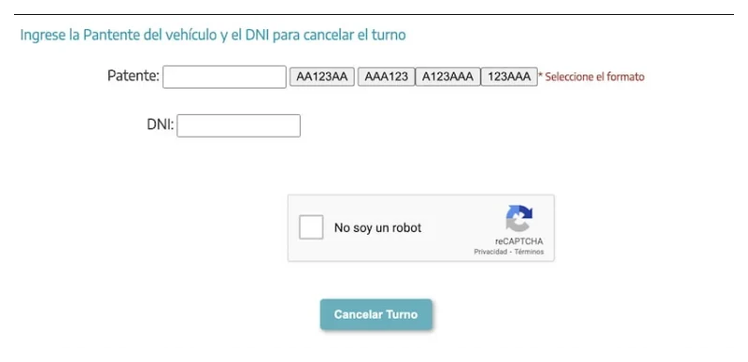 Pantalla para cancelar el turno de la VTV en Ramos Mejía con patente y DNI
